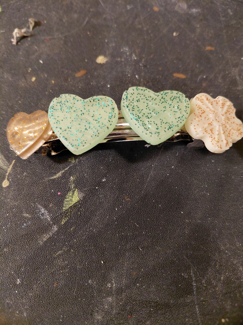 Glitter Heart & Flower Hair Clip - Mint and Cream